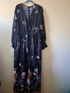 Black Floral Print Maxi Dress with Wrap Bodice